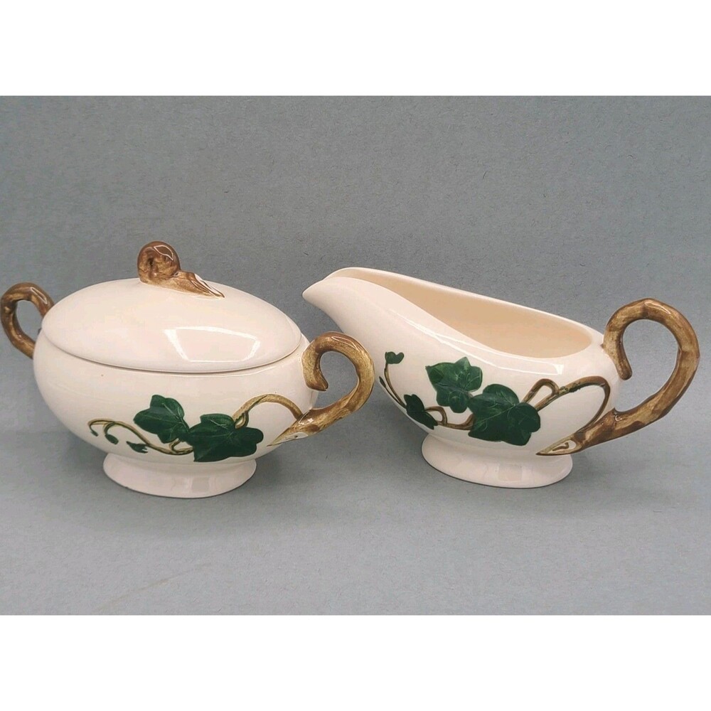 Poppytrail by Metlox California Ivy Sugar Bowl & Creamer Set Lid Leaf Branch